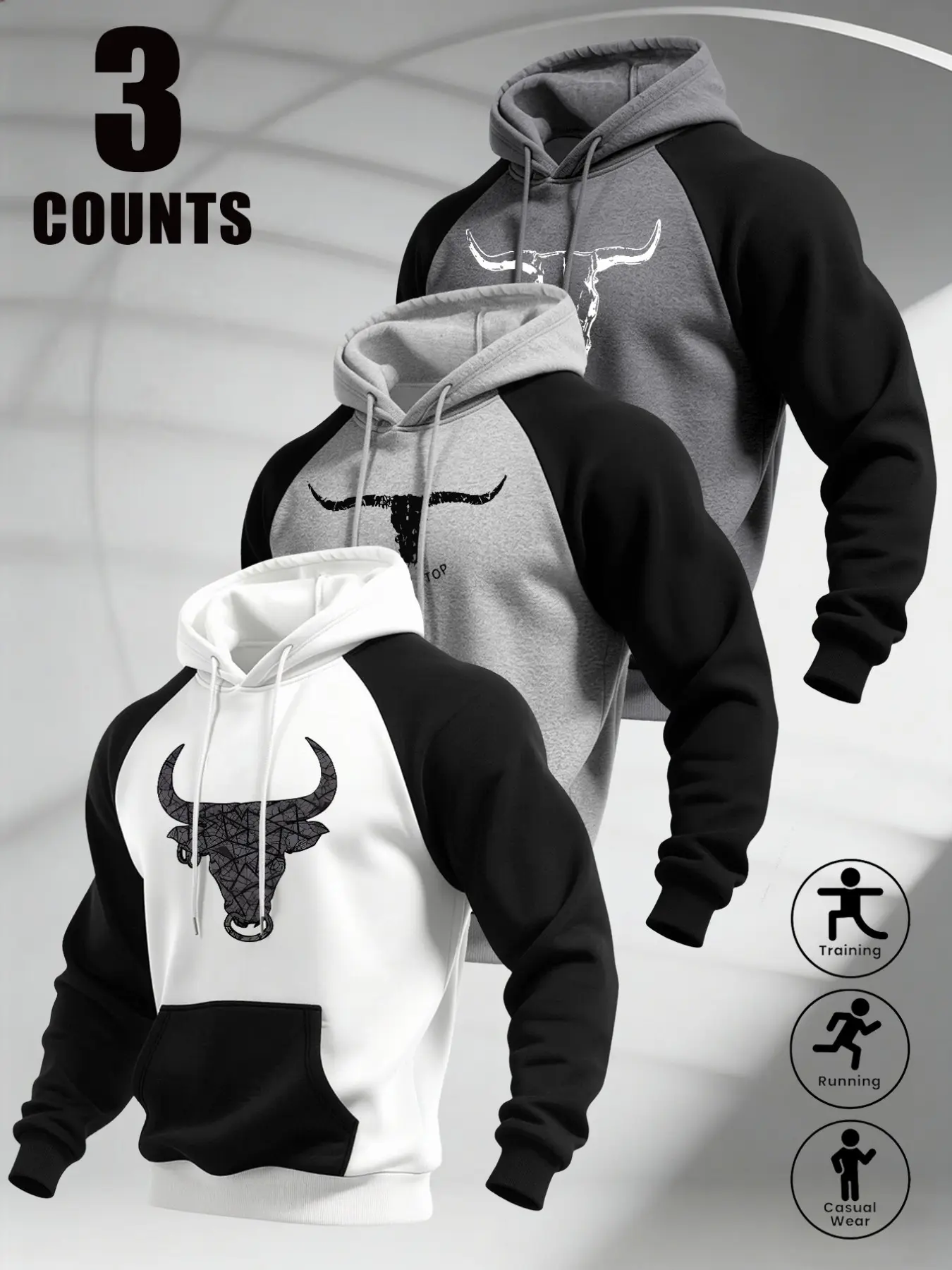 Raglan Sleeve Hooded Sweatshirt, Retro Bull Head Chest Print, Drawstring Hood & Kangaroo Pocket, Loose Soft Thick Fabric, Western Street Pullover for Training Running Daily Casual Matching Outfits#WesternHoodie #BullHeadPrint #StreetSweatshirt