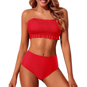 Tempt Me Women Bandeau High Waisted Bikini Sets Smocked Swimsuit Strapless Two Piece Bathing Suit