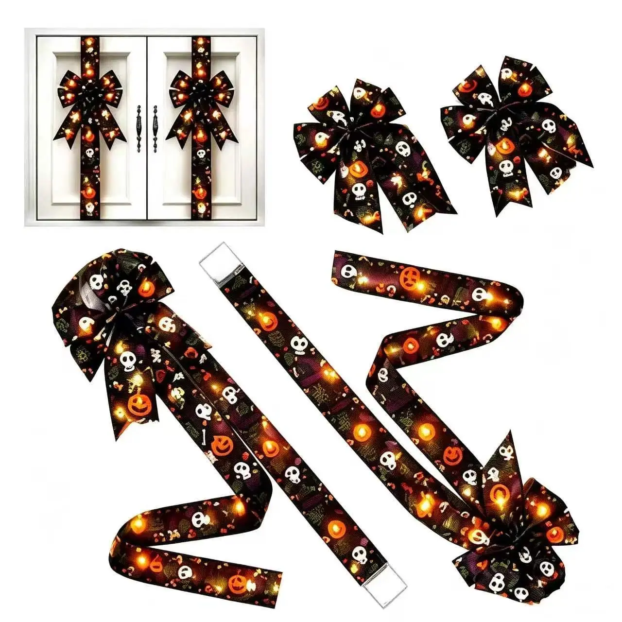 Spooky Light-Up Halloween Polyester Tassel Hanging Ornament, Cabinet Door Decor with Black Skulls-Pumpkins, Large Bow, Wreath, 79x2.4in, AAA Battery-Operated (Batteries Not Included), Party Festive Home Accent