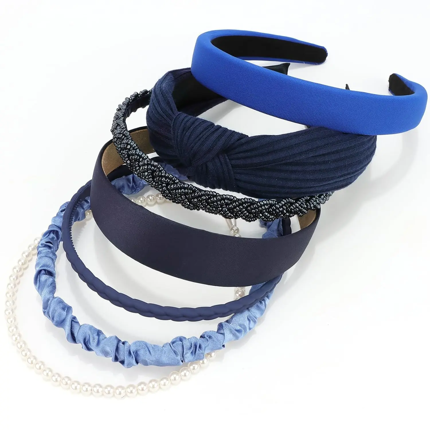 Headbands for Women 7 Pcs Different Navy Blue Knotted Solid Pearl Head Bands Non Slip Hair Band for Womens Gilrs Thin Thick Short Hair Fashion Accessories