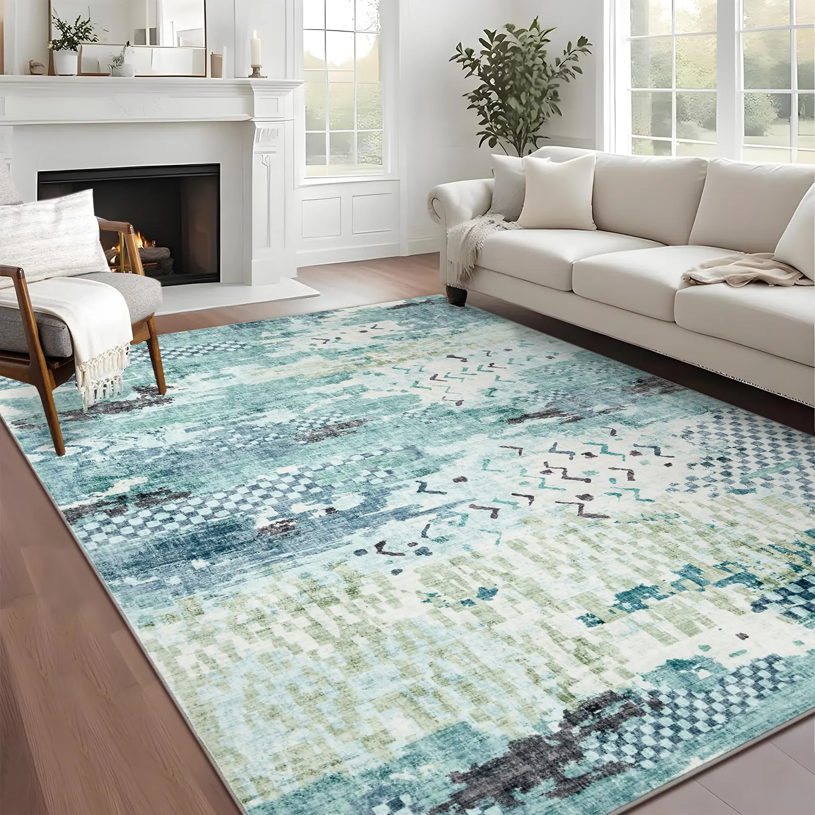 Retro Distressed Abstract Print Rug | Machine Washable Ultra Thin Foldable Non Shedding Non Slip Soft Decor Rug For Bedroom Living Dining Game Room Porch mat