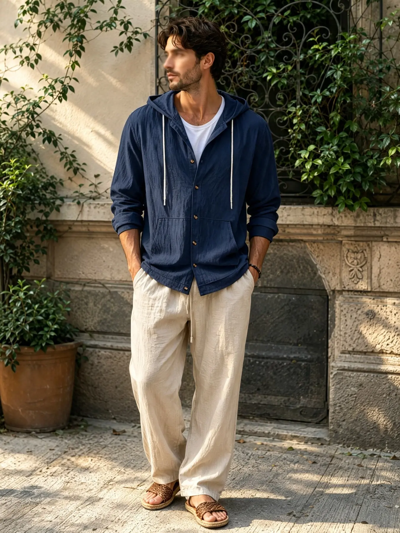 Men's Long Sleeve Hooded Linen Shirt, Loose Fit Casual Style, Perfect for Fall Travel and Beach Parties, Trendy Autumn Apparel