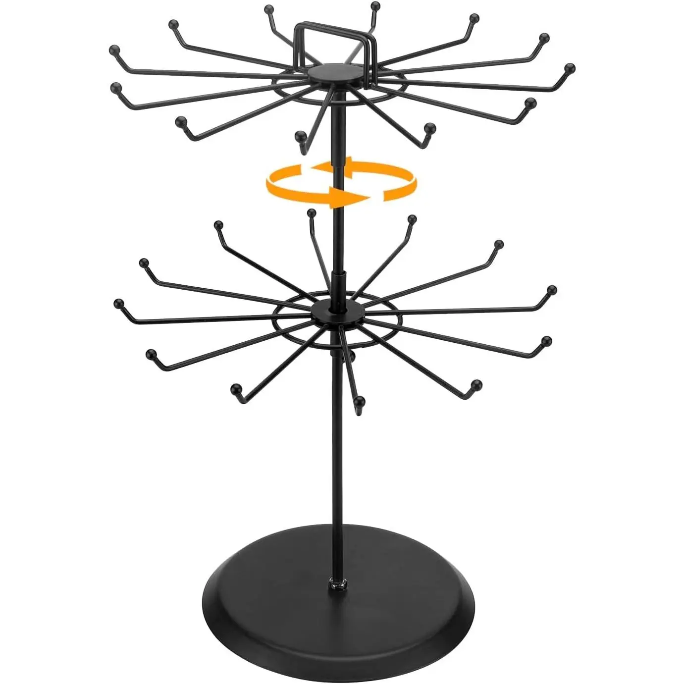 2 Tier Black Metal Rotating Necklace Tree Stand, Bracelet Holder Jewelry Display Stand with 24 Hooks, Multipurpose Spinning Accessory Keychain Display with Top Handle Card Organizer for Vendor