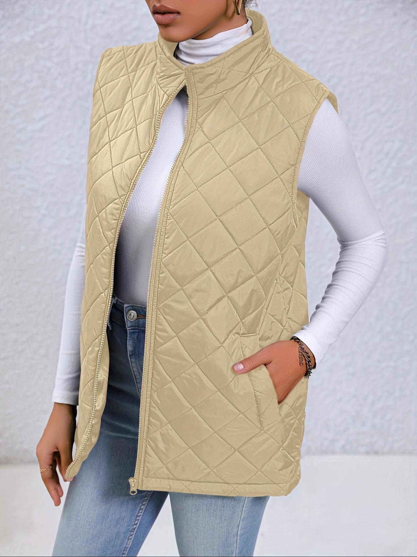 Women's Solid Mock Neck Zip Up Quilted Vest Coat, Casual Pocket Zipper Sleeveless Outerwear For Fall & Winter, Women's Clothes For Daily Wear