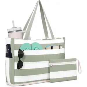 Beach Bags for Women, Large Waterproof Sandproof Beach Tote Bag with Zipper Family Pool Bags with 40oz Tumbler Pocket, Swim Cruise Vacation Essentials (Green)