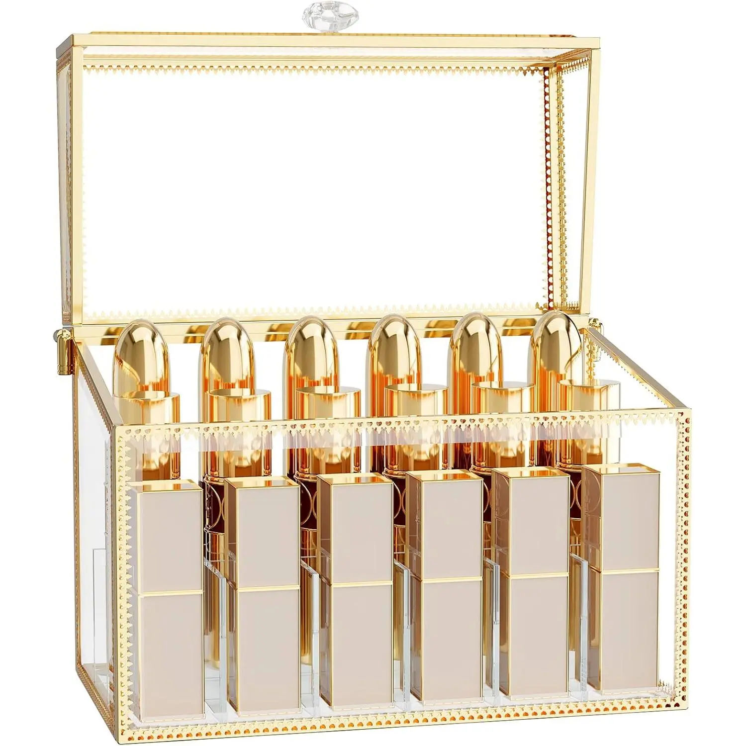 Lipstick Organizer,Luxury Tempered Glass Lipstick Holder & Nail Polish Organizer, 18-Slot Vanity Cosmetic Organizer with Removable Dividers, Gold