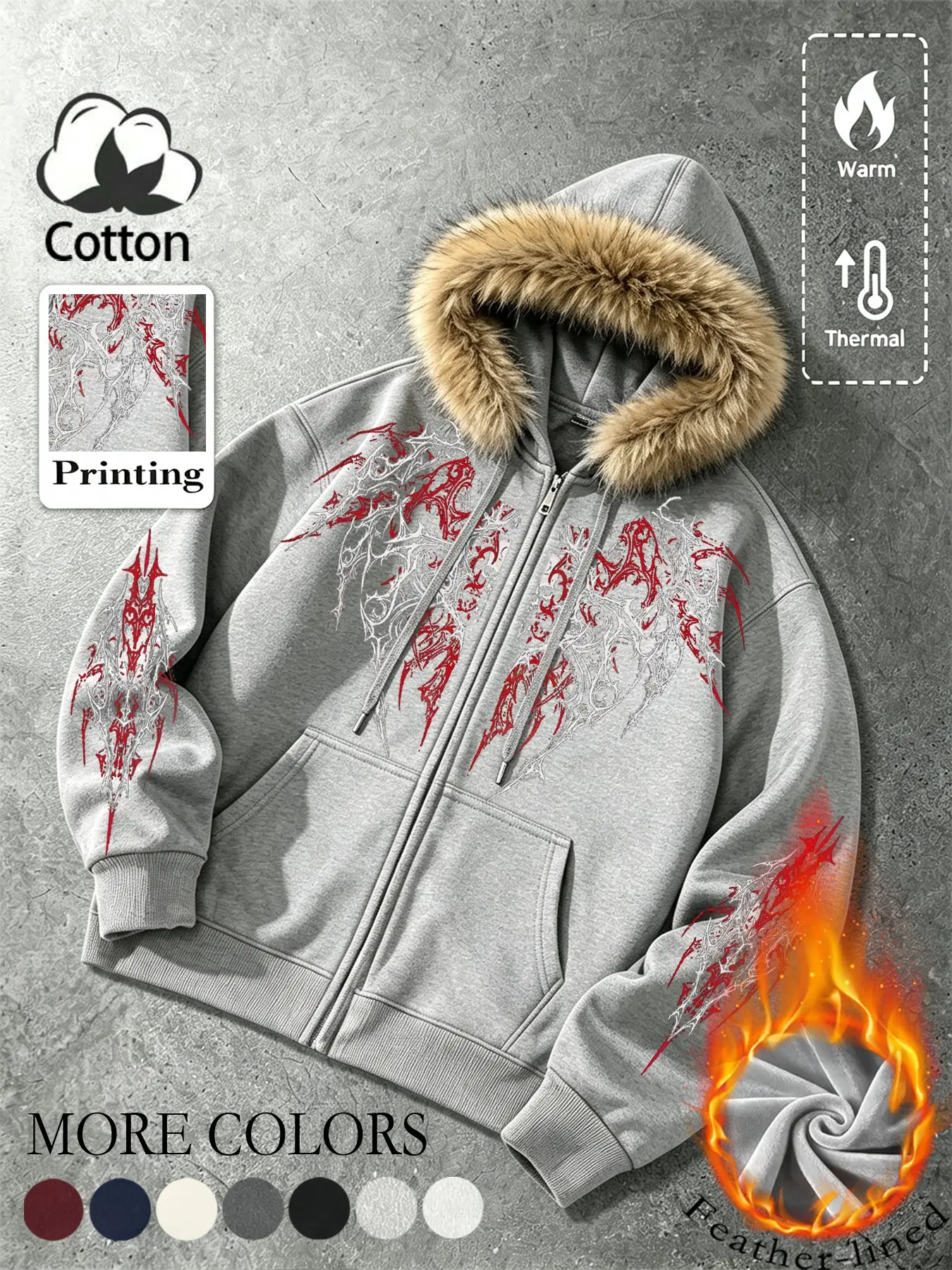 Unisex design, Y2K Gothic High Street American Skeleton Thorny Heart Print Sweatshirt with Cotton, Fleece Lining, Warm Fur Collar, Hooded, Loose Fit, Fall and Winter Outerwear. Gothic attire, suitable for everyday casual tops and back-to-school wear.