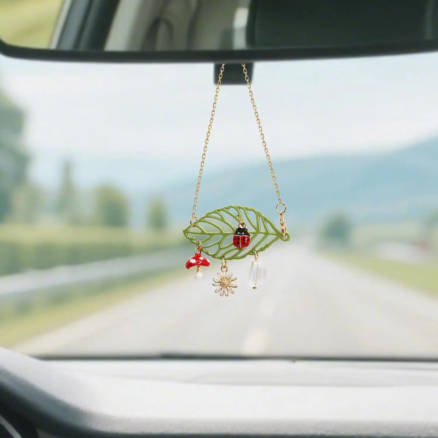 Ladybug Motif Car Rear View Mirror Dangling Charm - Synthetic Boho Nature Ornament with Mushroom, Daisy, Leaf Designs - Easy-Hanging Interior Decor for Women, Hangs Easily
