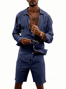 Men's Linen 2-Piece Set | Loose Long Sleeve Lapel Button Shirt + Solid Linen Shorts, Casual Summer Beach Outfit for Men, 8 Colors Available