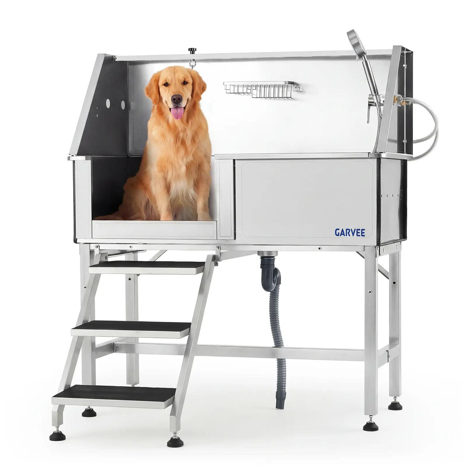 46-Inch Stainless Steel Dog Grooming Tub with Stairs, Left-Door Entry, Brushed Finish