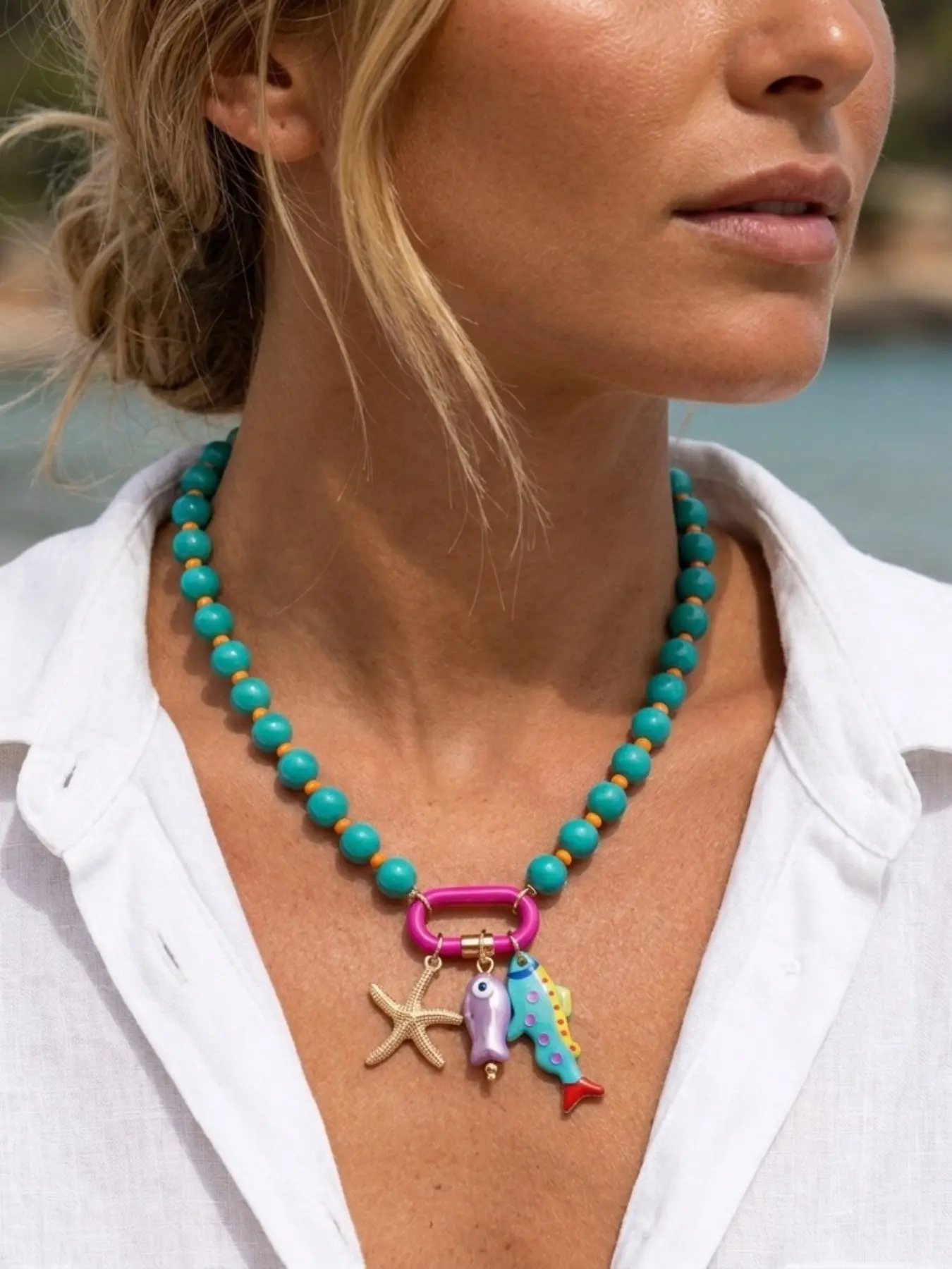 Summer Ocean Vacation Beach Style Colorblock Beaded Women`s Necklace, Trendy Starfish Seashell Small Fish Pendant Necklace Jewelry For Holiday/Trip/Daily Wear