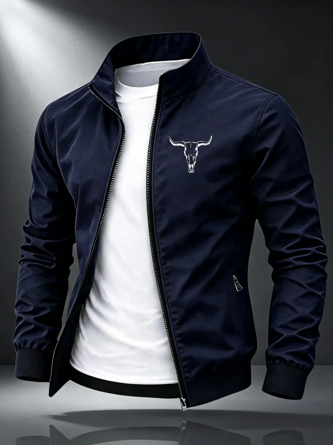 Men's Zipper Stand Collar Jacket, Skull Print, Western Retro Lightweight Casual Outerwear, Trendy Loose Fit Sports Jacket with Zip Pockets, Long Sleeve
