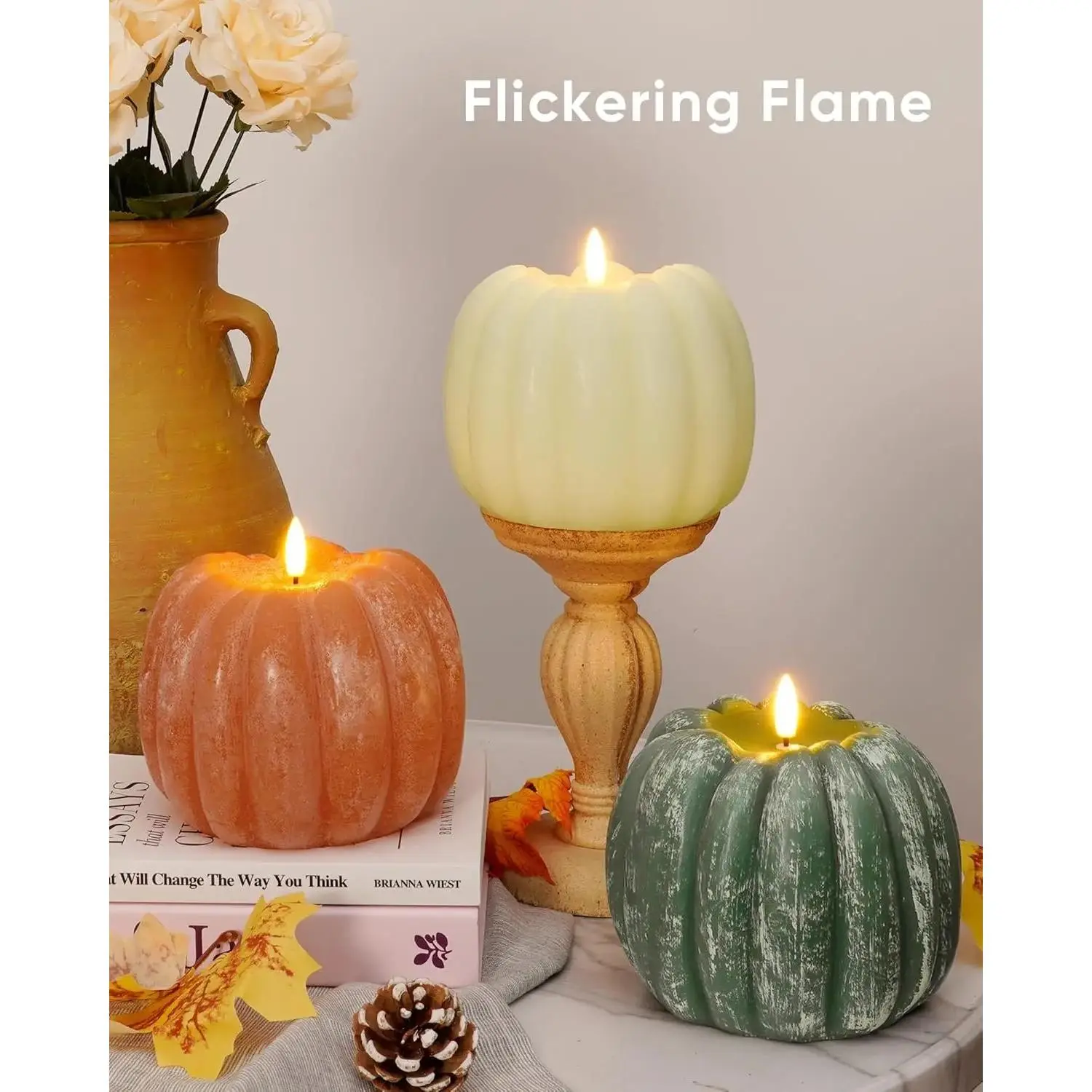 Fall Flameless Pumpkin Candles Flickering with Remote, Real Wax Led Pumpkin Shaped Candle with Timer, Fall Decor, LED Autumn Pumpkin for Home, Farm, Thanksgiving, Harvest, Centerpieces, Halloween