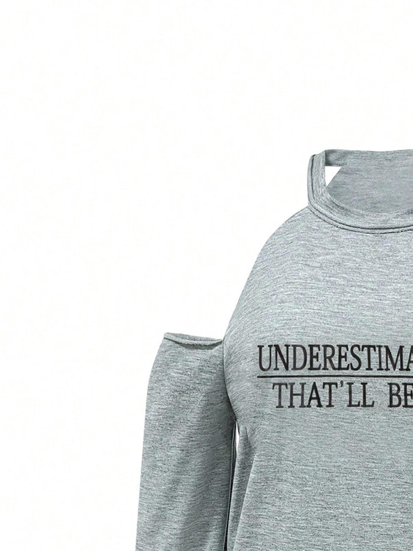 Women's Letter Print Cold Shoulder Tee, Casual Long Sleeve T-shirt for Daily Wear, Ladies Clothes for All Seasons