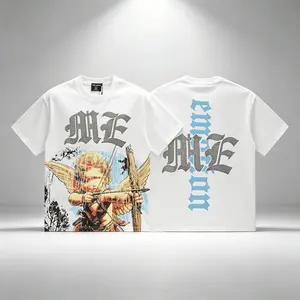 Graphic Tee MIXED EMOTION Cupid Angel Archer Rhinestone White Pure Cotton Large Print T Shirt Oversized Unisex Streetwear Summer Casual T Shirts
