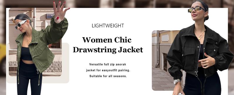 Imily Bela Womens Cropped Jacket Zip Up Lightweight Oversized Utility Anorak Coat with Pockets