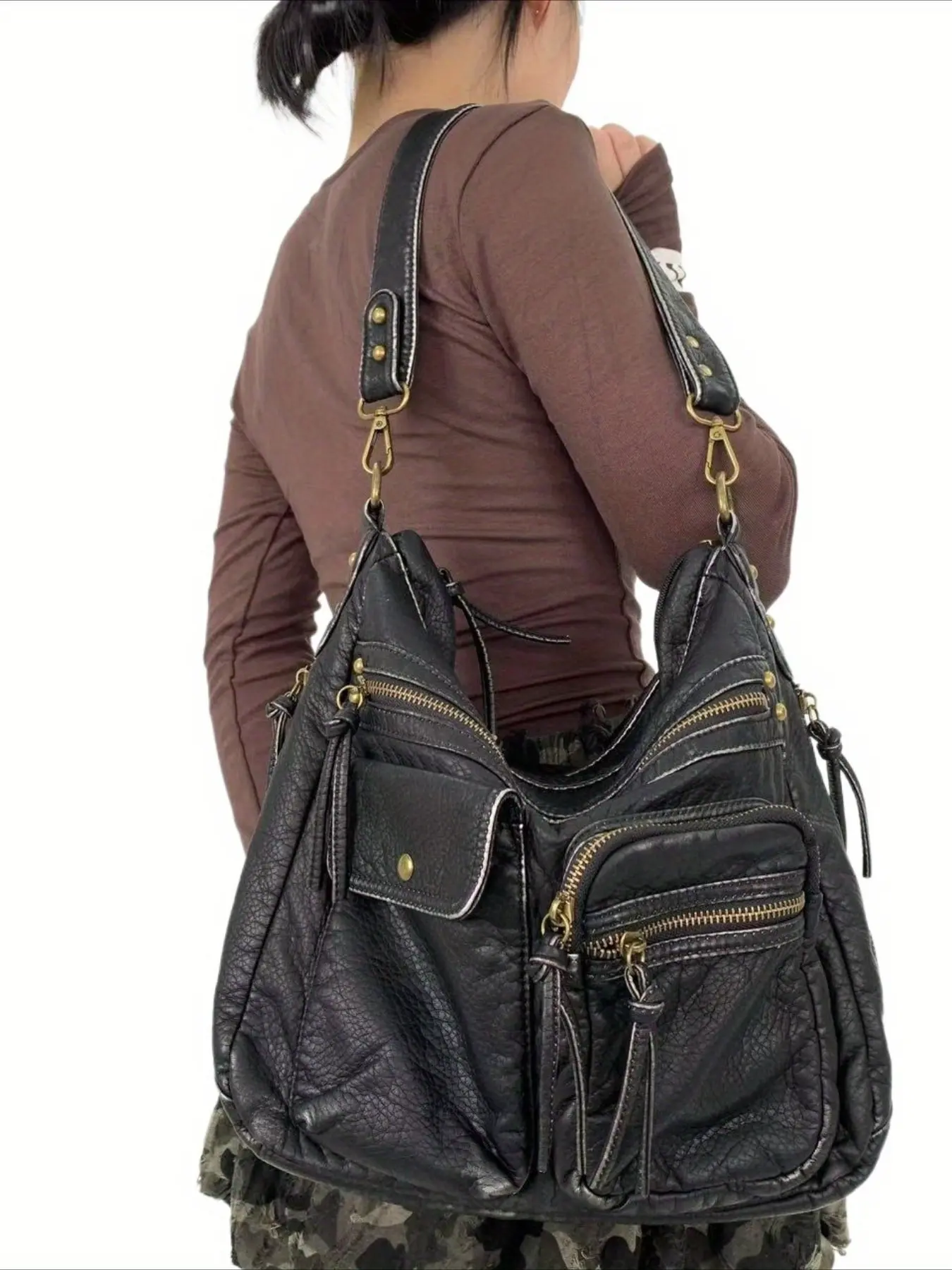 Ladies' fashionable retro Y2K spicy girl handbag, Casual Fashion Bag, large capacity, multiple pockets, punk diagonal cross bag, washed and vegan bag, suitable for vacation, shopping, work, holiday gifts