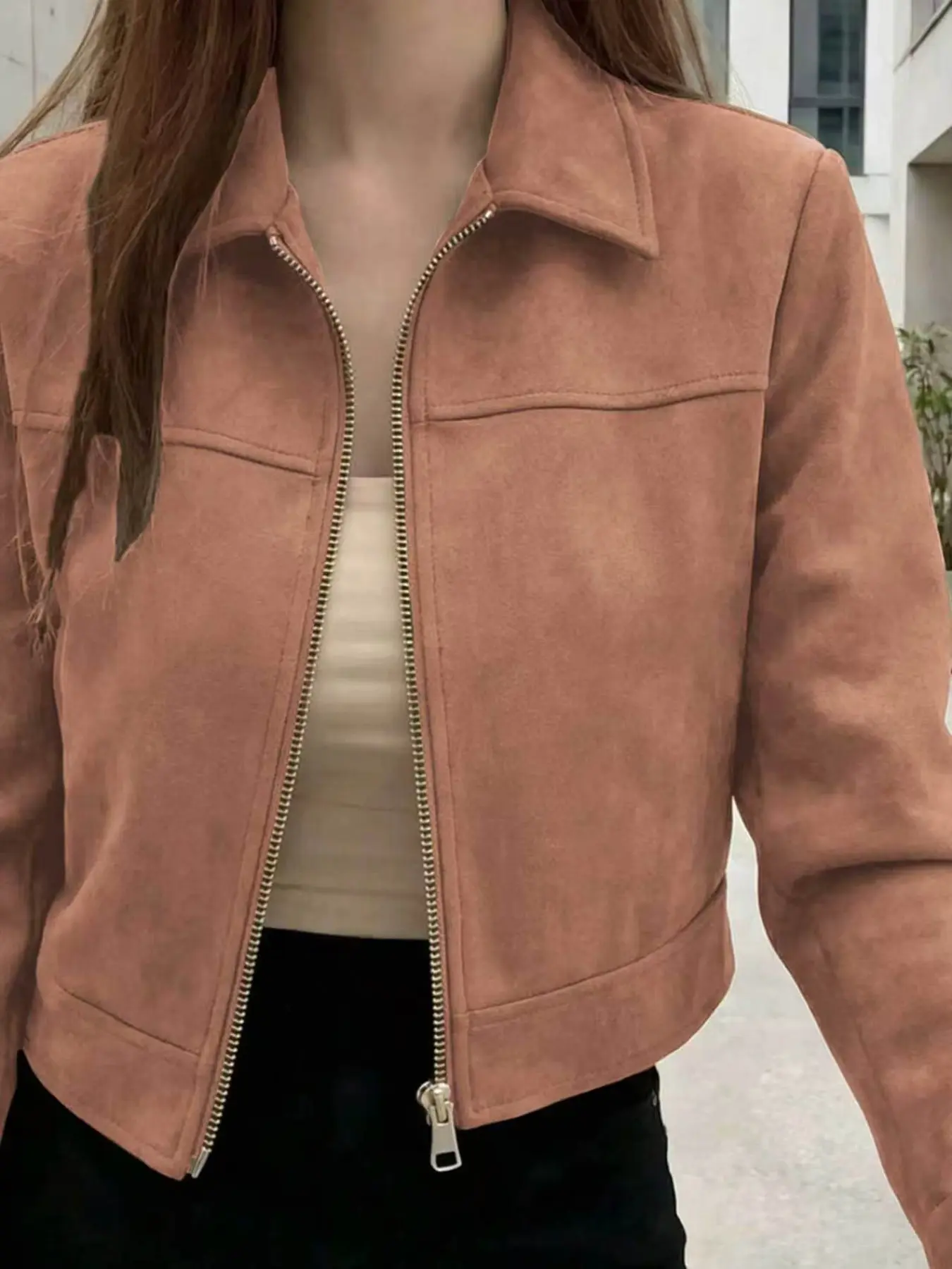 Women's Brown Lapel Collar Zip Up Cropped Moto Jacket, Long Sleeve Slim Fit Biker Coat, Casual Stylish Outerwear, Ideal for Daily Wear, Street Style, Office Casual, Date Night, Travel, Fall Winter Trendy Versatile Outerwear for Ladies