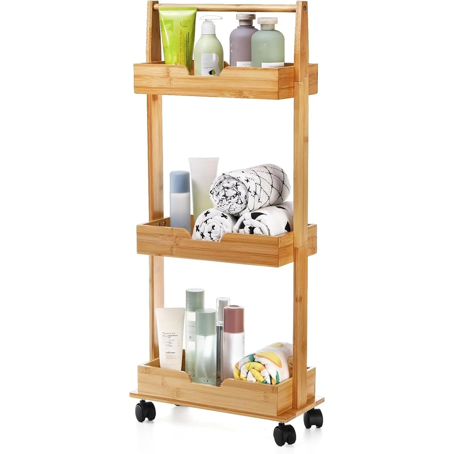 3 Tire Shower Caddy Stand, Bamboo Shower Floor Organizer Corner with Sliding Wheels, Bathroom Caddy Shelf Rack for Bathtub, Office, Kitchen
