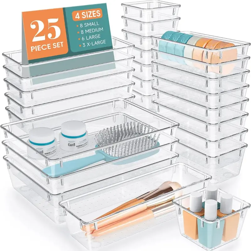 25 PCS Modern Clear Plastic Drawer Organizer Set with Compartments, 4 Sizes Dividers for Dresser, Kitchen Drawer and Cosmetic Storage Needs