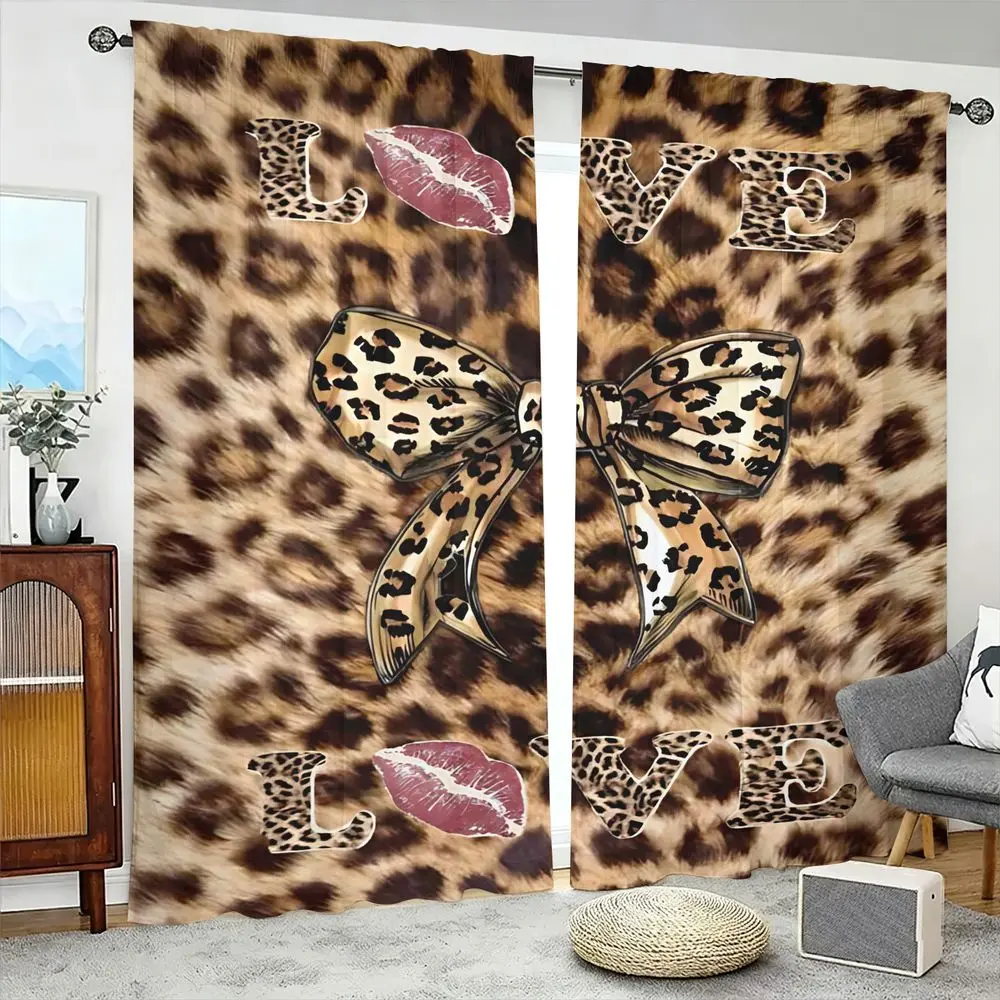 Set of 2 Chic Leopard Print Curtains with Bow and Lips Design, HD Digital Printed Soft Fabric Curtains, Vibrant Fade-Resistant Pattern, Easy Rod-Pocket Installation; Perfect Decorative Window Drapes for Trendy Bedrooms and Living Rooms. Machine Washa