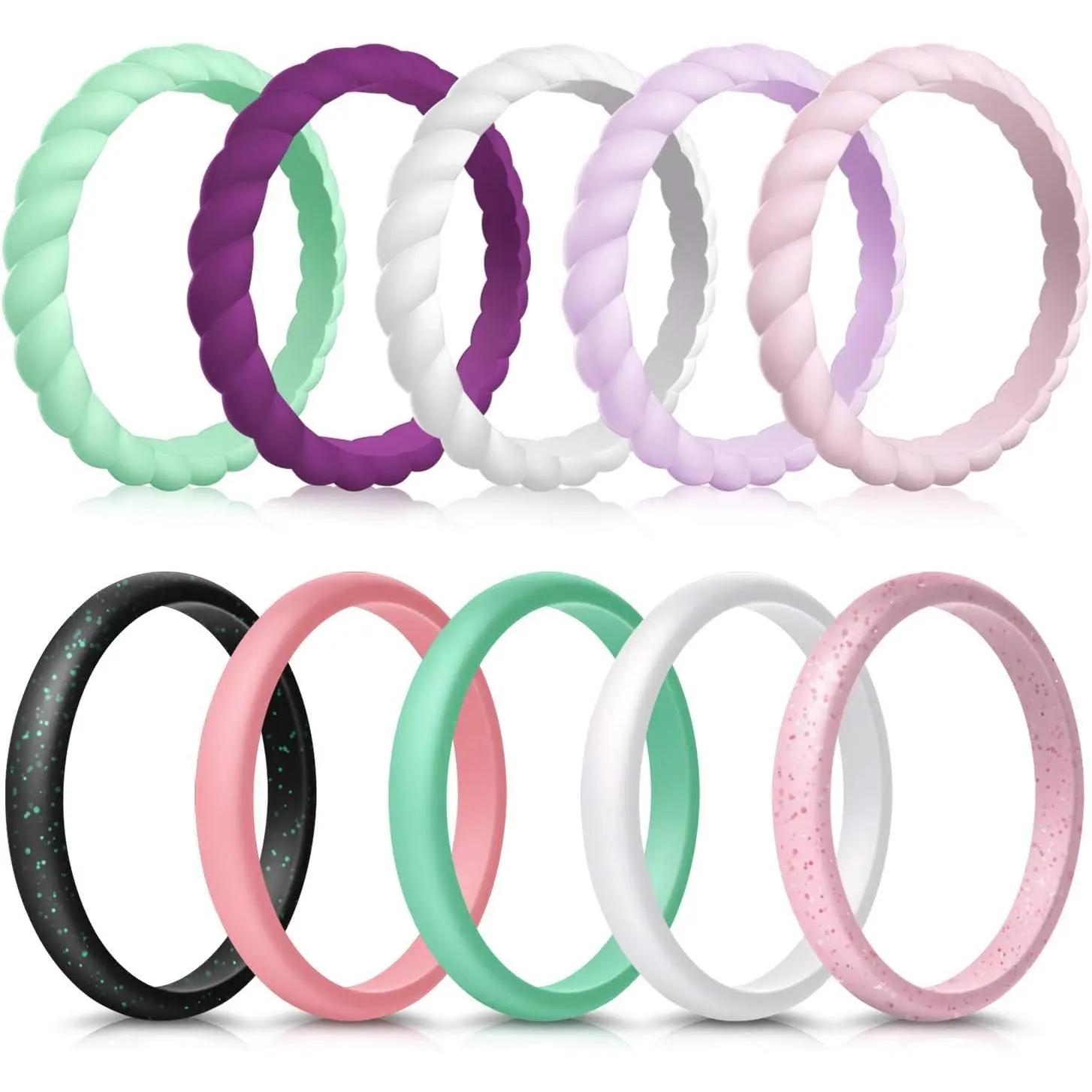 Braided Silicone Wedding Rings for Women, 10-Pack of Thin Colorful Fashion Bands, Skin-Safe & Comfortable Fit, Wedding Ring