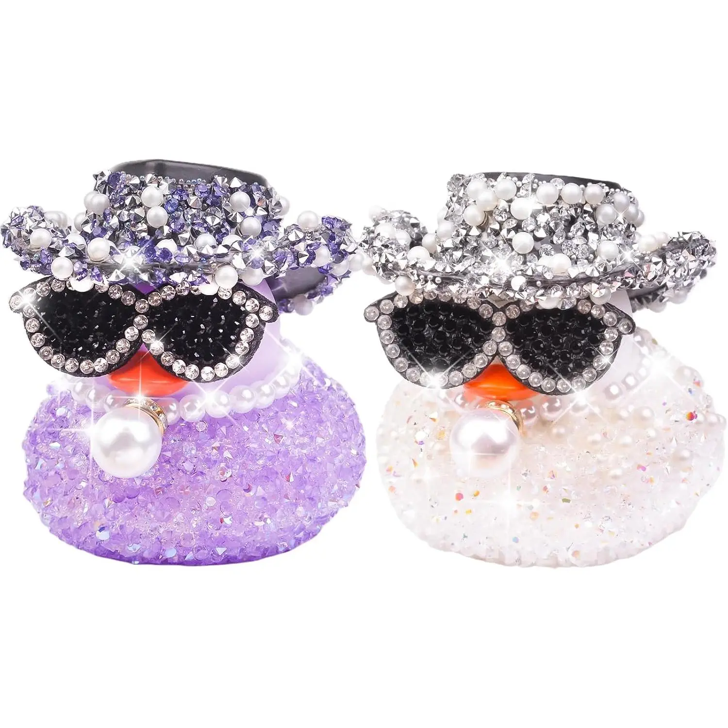 Rhinestones Rubber Duck  Ornaments, 2 count Funny   Ducks  Dashboard Decorations Duck Accessories with Mini Shiny Cowboy Hat Necklace and Sunglasses