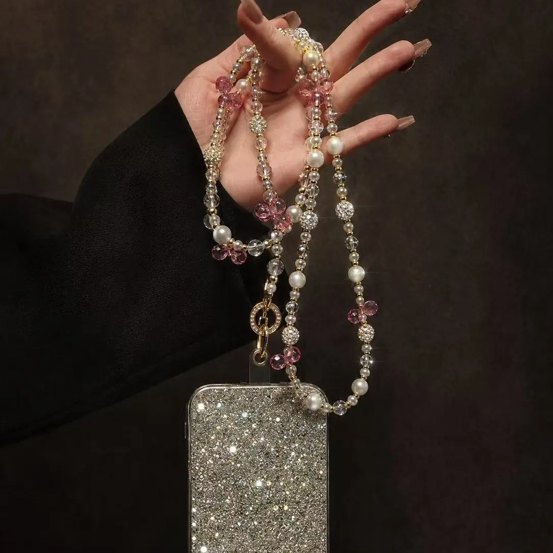 Long Pearl Beaded Phone Strap, Crystal Bead Crossbody Phone Chain, Transparent Phone Pad, Clasp, Rhinestone Ring, Women's Fashion Accessory