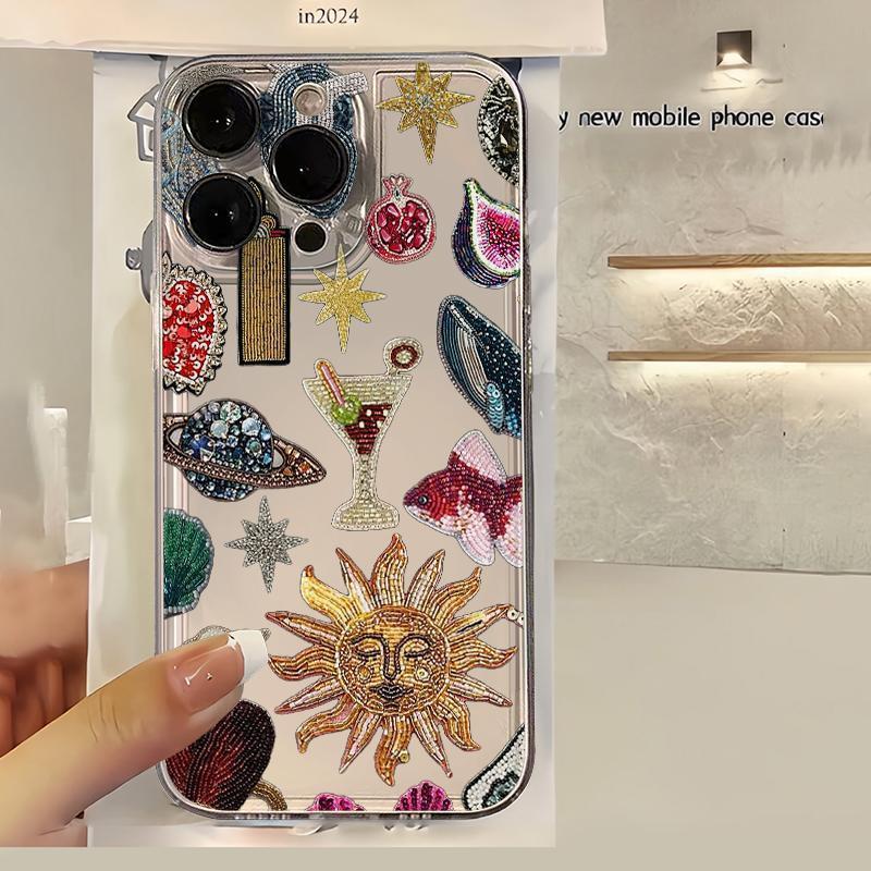 Beads Pattern Phone Case, Rhinestone Decor Phone Protective Cover, Phone Accessory Compatible with iPhone 16 15 14 13 12 11 X Pro Max Plus Mini