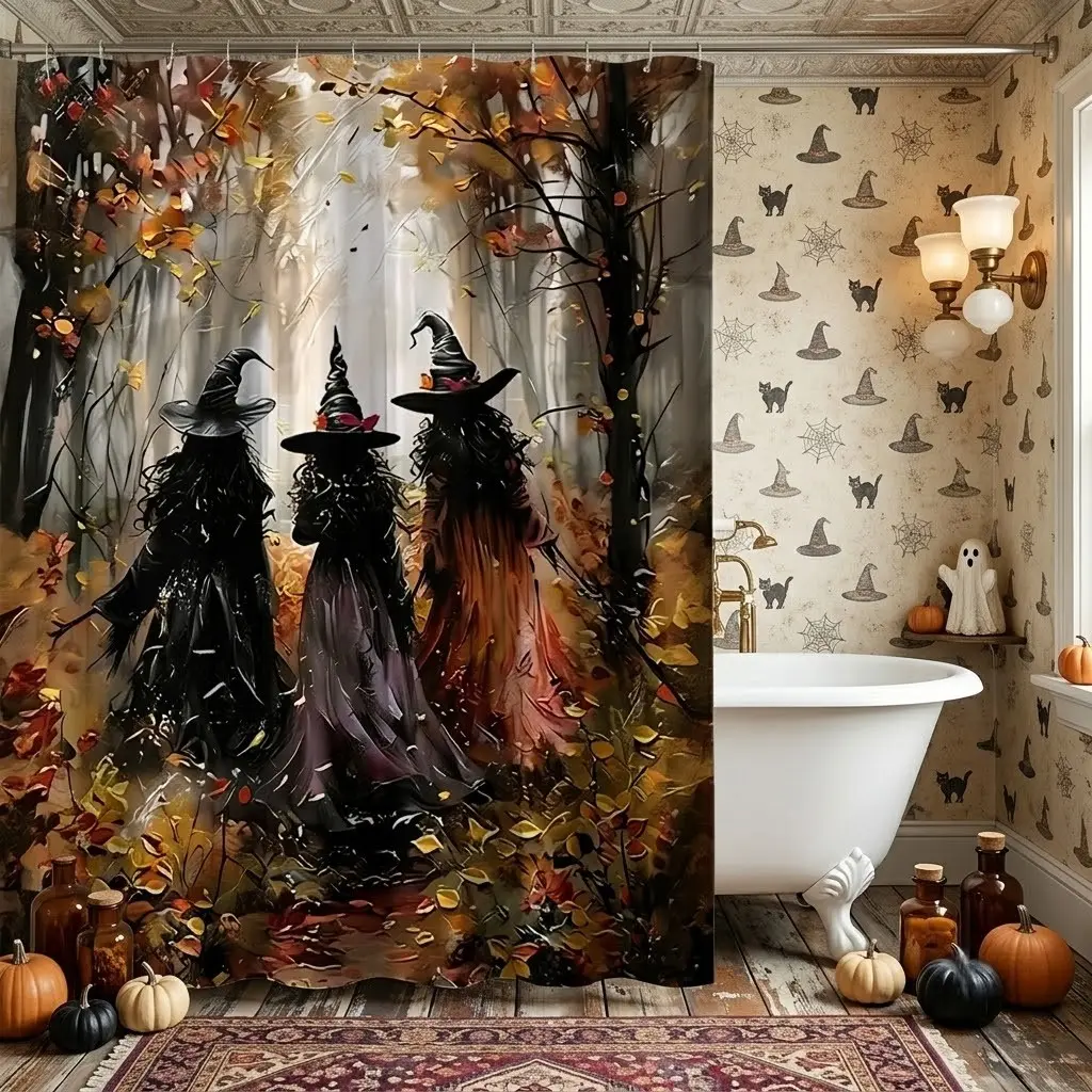 1pcs Autumn Forest Three Witches Shower Curtain, Retro Halloween Witch Art, Fall Maple Leaf Woods Design, Vintage Bathroom Decor