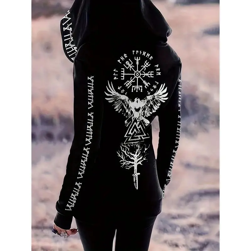 VikingPatternVintageGothicStyleHoodie,CasualZipperLongSleeveDrawstringHoodiesSweatshirt,Women'sClothing