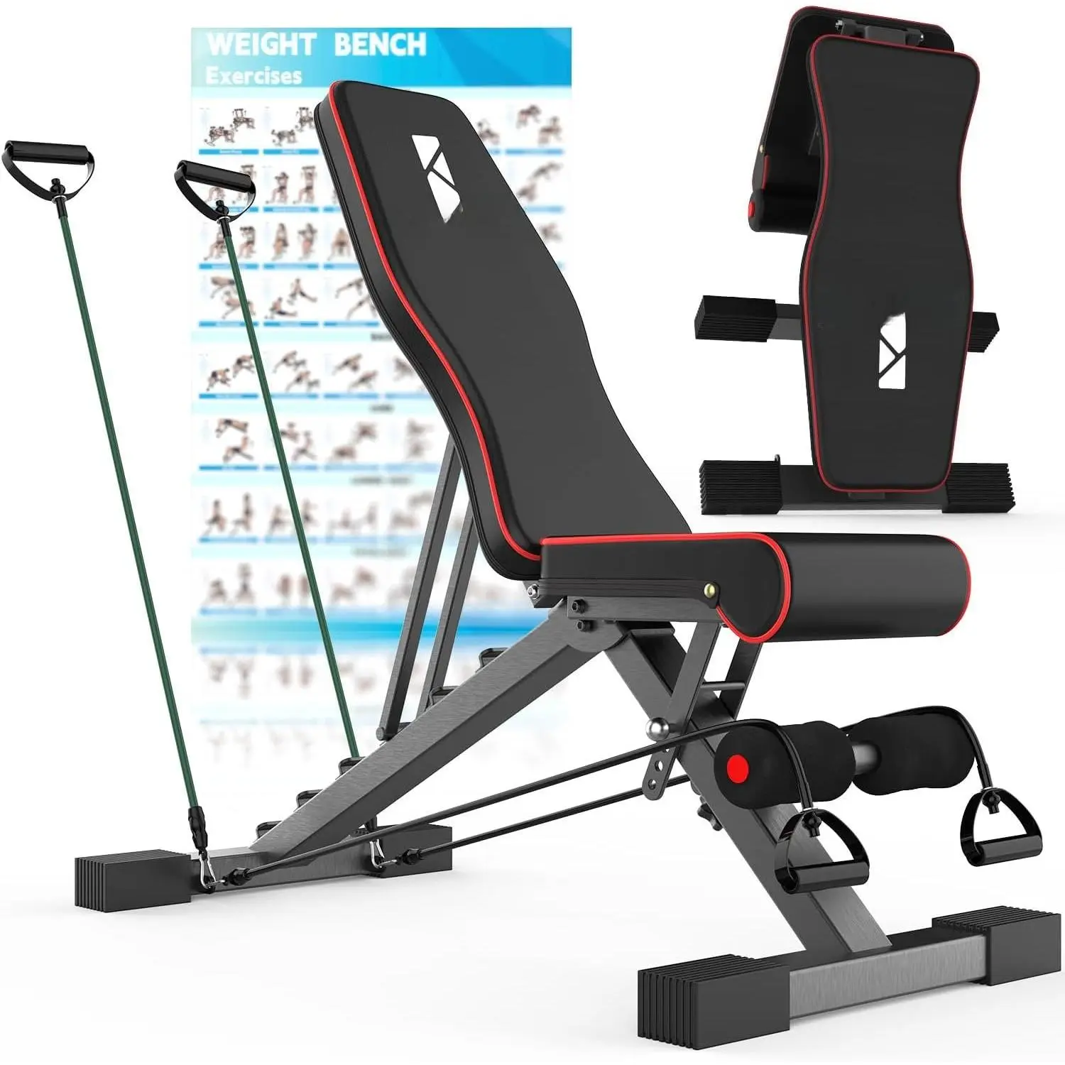 Adjustable Weight Bench, Exercise Workout Bench for Full  Workout- Multi-Purpose Foldable Bench, Folding Dumbbells Bench with Resistance Band Set