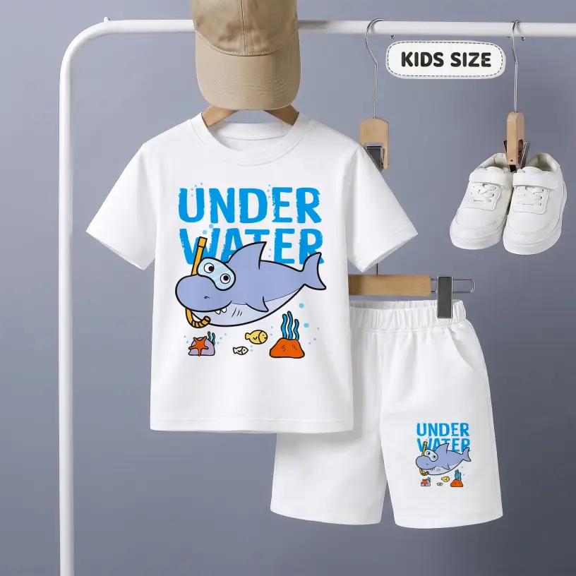 Kids’ Cartoon Shark Graphic Short Sleeve T-Shirt and Shorts Set, Casual Summer 2-Piece Outfit, Comfortable Crew Neck Clothing Set for Daily Wear, Outdoor Play, School, Vacation and Weekend Adventures