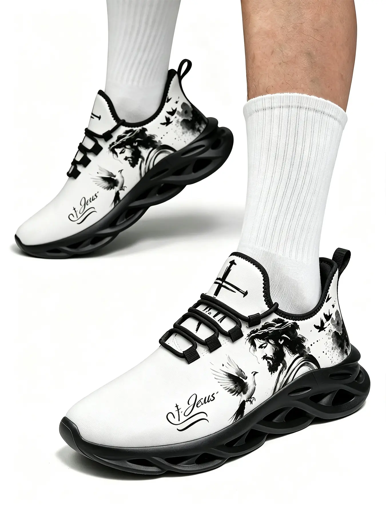 Trendy Inspirational Faith Art Graphic Sneakers Men Women, White Hollow Wave Blade Sole Black White Ink Drawing Jesus Dove Cross Printed Flyknit Shoes, Flexible Breathable Anti Slip Lace Up Footwear for Walking Vacation Daily Street Outfit