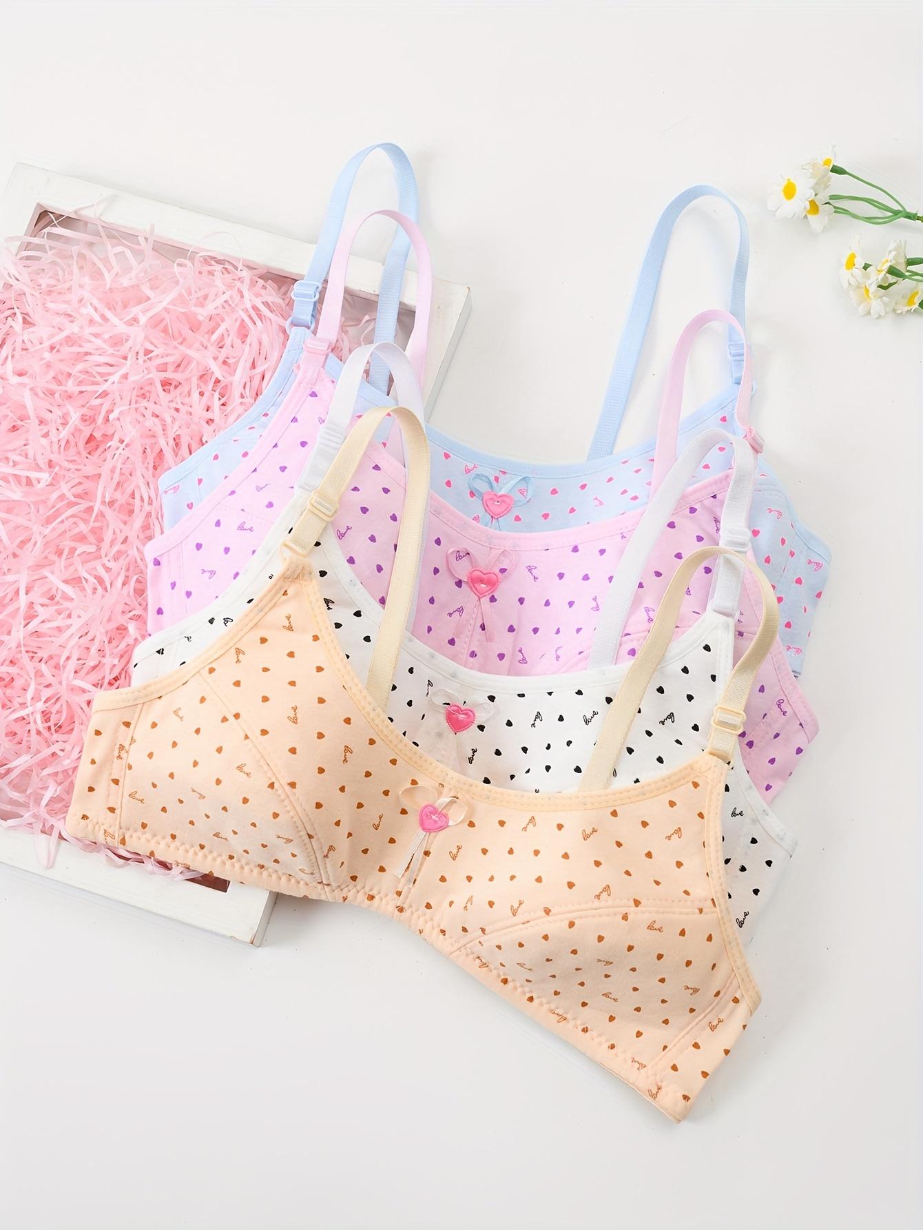 Youth Training Bras 4-Pack - Polyester Blend, Spaghetti Strap, Slight Stretch Fabric, Heart Pattern with Bow Detail, Non-Removable Padding, Regular Fit, Knit - for Ages 12 and Under