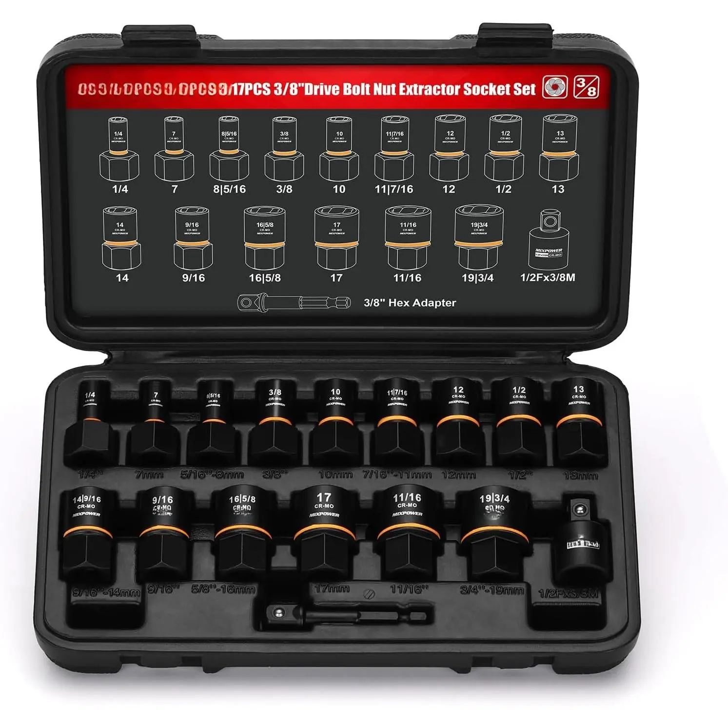 17 count 3/8" Drive Bolt Biter  Extraction Socket Set,Stripped Bolt Remover Nut Extractor Socket Set for Damaged, Frozen, Rusted, Rounded-Off ,CR-MO Steel