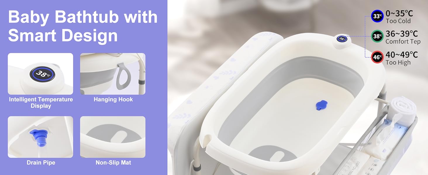 2-in-1 Baby Bathtub with Changing Table, Foldable Diaper Changing Station with 4 Wheels, Waterproof Pad, Storage Rack and Baby Bath Tub, Adjustable Height Portable Nursery Organizer for Newborn Infant