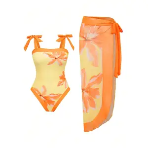 Women's 2-Piece Swimsuit, Elegant Conservative Floral Set with a Breathable Bowknot Strap Top and Half Skirt for Pool Parties, Two-Piece Swimsuit, Elegant And Conservative