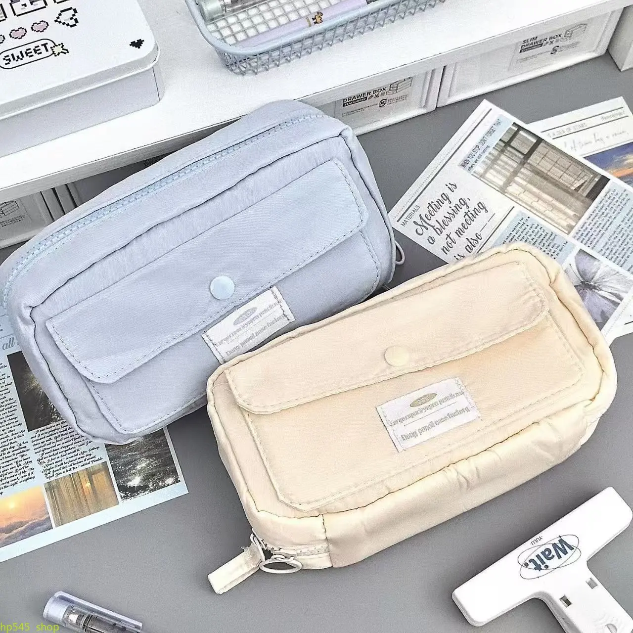 Minimalist Solid Korean Look Rectangular Pencil Bag - Large Capacity Multi-Compartment Unisex Stationery Organizer with Dividers for Students, Classroom Supplies (Fashion Accessory), Fabric, Rectangular Pouch, Daily Classroom