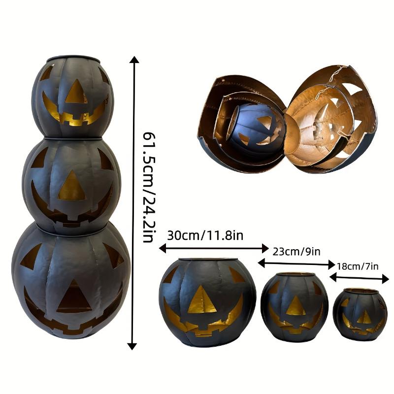 3pcs Halloween Metal Pumpkin Decorations - Black Hollow Face Design, Stackable & Durable, Indoor/Outdoor Use, Easy Assembly, No Candle Included, Perfect for Halloween Festivities, Halloween Decorations