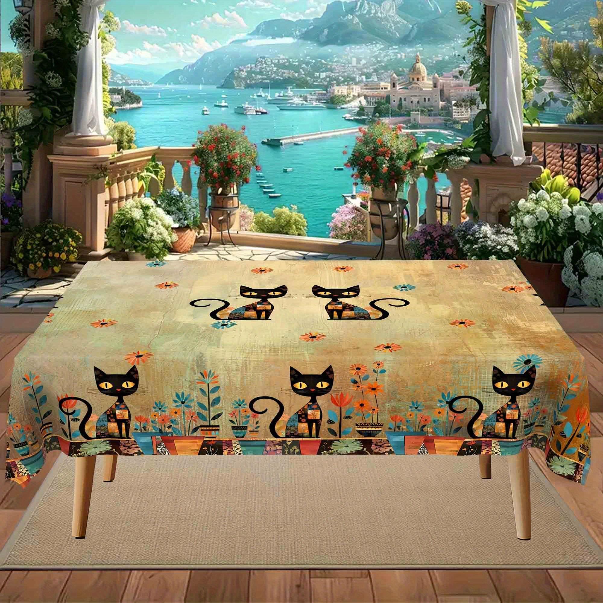 1pc Bohemian Mandala Tablecloth, Vintage Floral and Cat Pattern Tablecloth, Rectangular Polyester Tablecloth, Suitable for Holiday Party Decorations, Elegant and Durable Indoor/Outdoor Dining Table Decoration, Perfect Gift for Easter, Spring, Mother's Day
