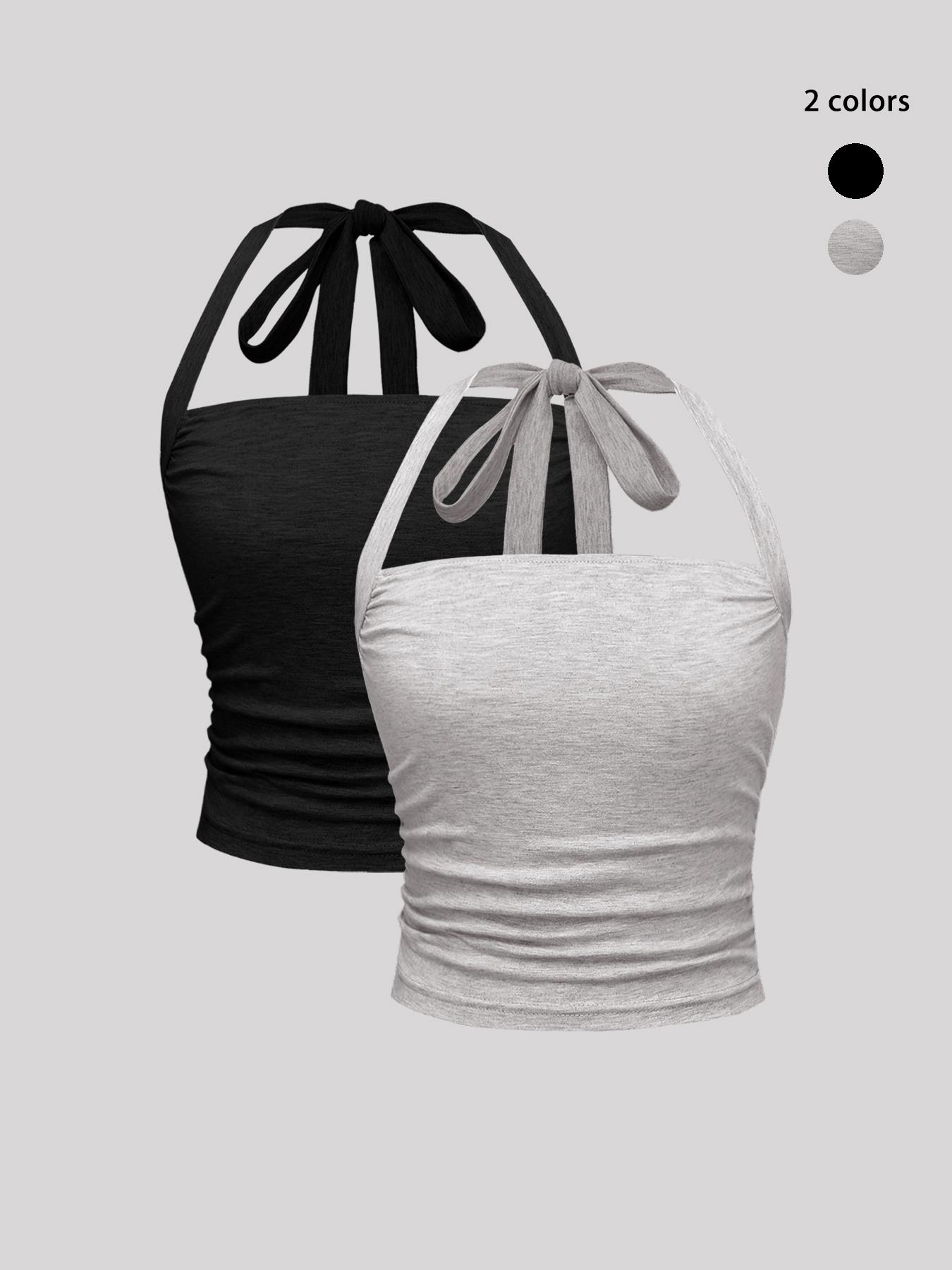 Women's Plain Ruched Tie Back Halter Crop Jersey Cami Top, Summer Clothes Women, Casual Sleeveless Crop Top for Summer, Summer Outfits 2024, Summer Tops, Crop Tops, Women's Clothing for Daily Wear