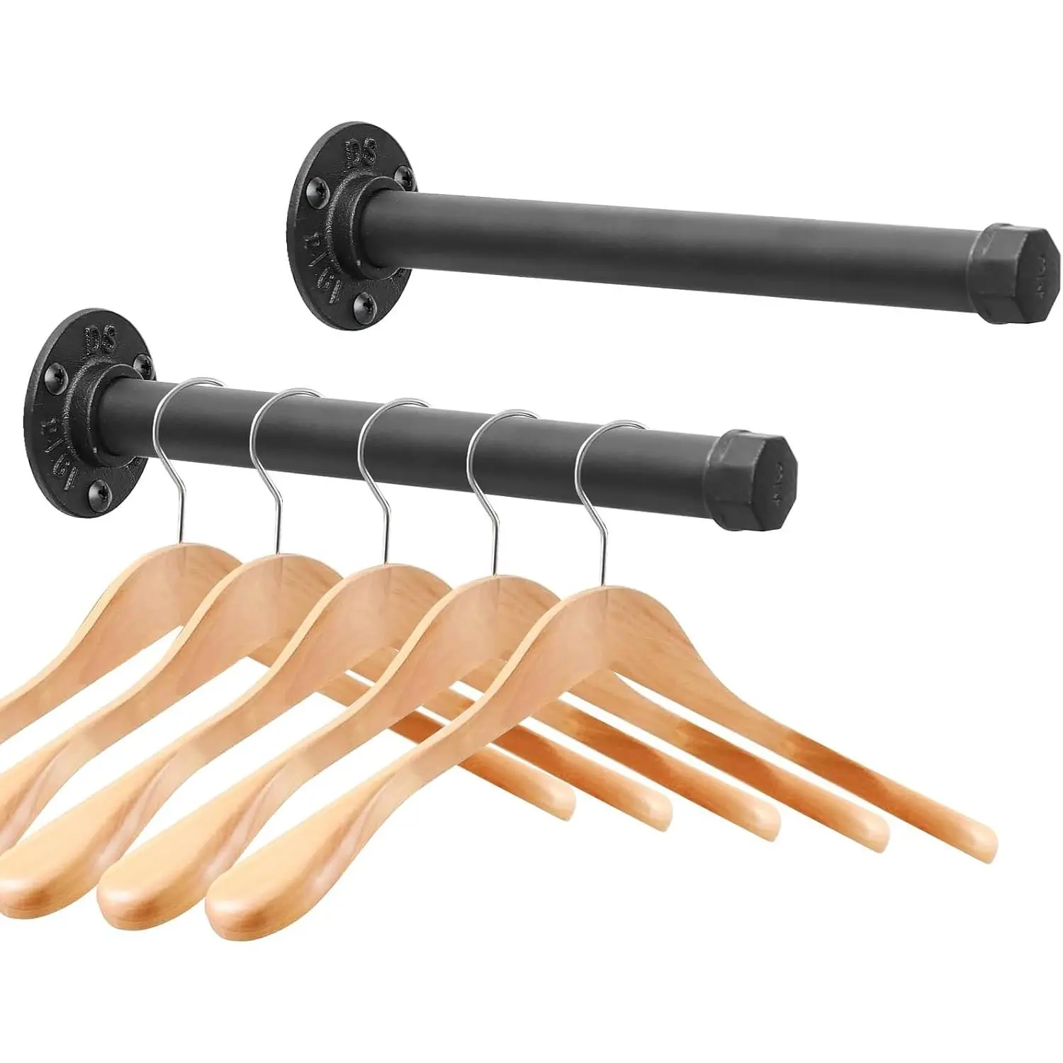 Retro Steel 2-Pack 12-in Black Cast Iron Wall-Mounted Hanger Rack, Heavy-Duty Industrial Pipe Organizer for Laundry Wardrobe Storage, DIY Closet Rod Bar with Easy Farmhouse Installation (Suitable for Outdoors)
