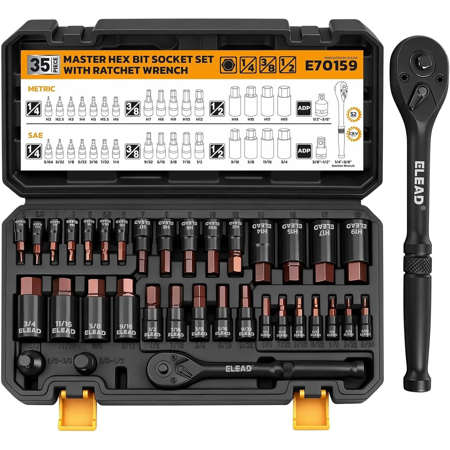 35-Piece Master Hex Bit Socket Set, 1/4", 3/8", 1/2" Drive Allen Socket Set H2-H19, 5/16"-3/4", Premium CR-V & S2 Alloy Steel, Ratchet Wrench, Sockets Adapter, High Torque for Automotive Mechanic