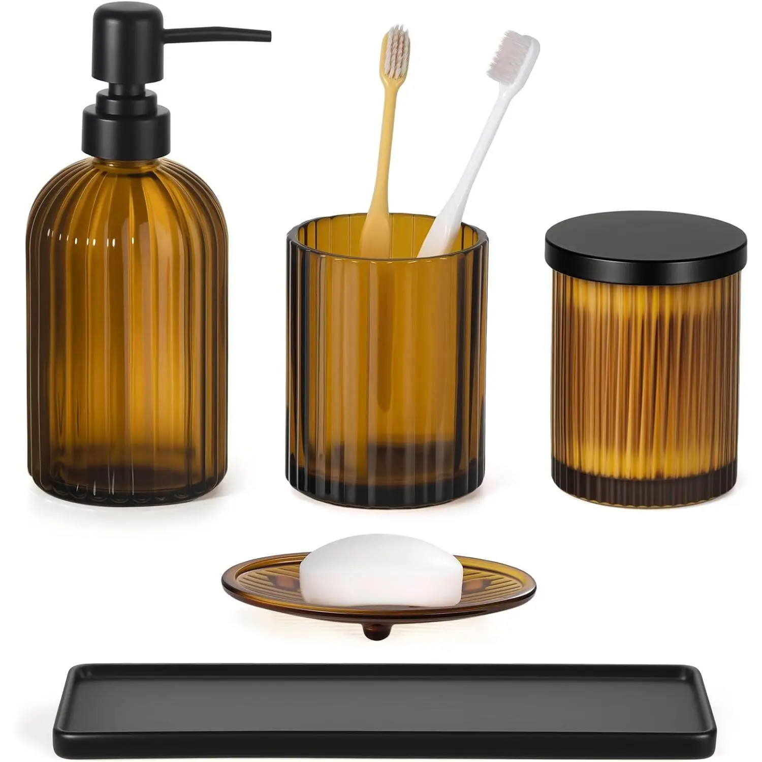 Shinowa Durable Glass 5-Piece Luxury Bathroom Accessory Set for Organizing, with Soap Dispenser, Toothbrush Holder, Lidded Qtip Holder, Soap Dish & Tray, Modern Brown-Black Vanity Countertop Storage, Five