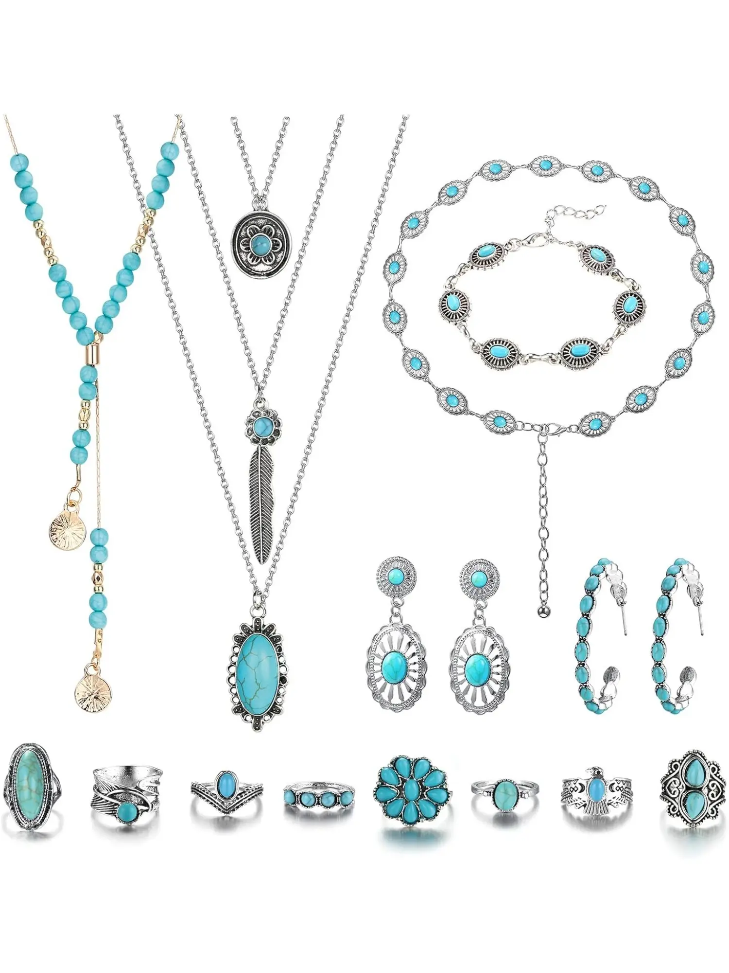 Vintage Western Boho Turquoise Jewelry Set for Women Men, Adjustable Belt Ring Necklace Drop Earrings Bracelets Trendy Bohemian Cowboy Style Daily Jewelry Gift