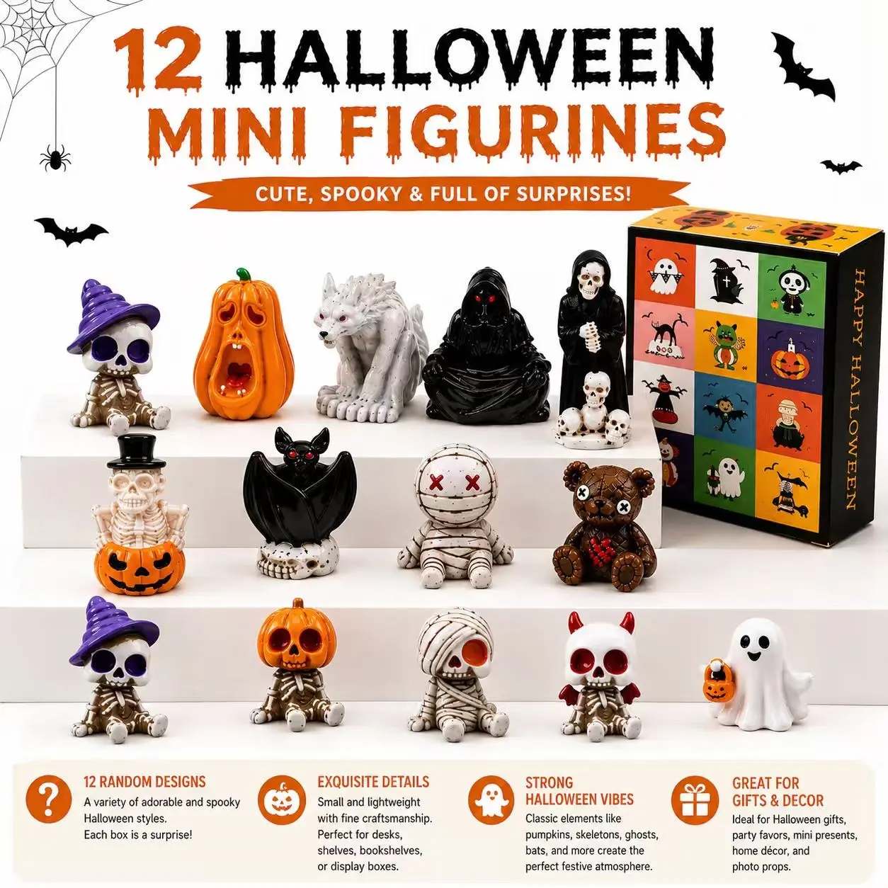 12 Piece Halloween Mini Blind Box Set, Cute Horror Resin Statues, Mini Ghost Skull Decorations, Tabletop Party Gifts, Halloween Surprise Presents