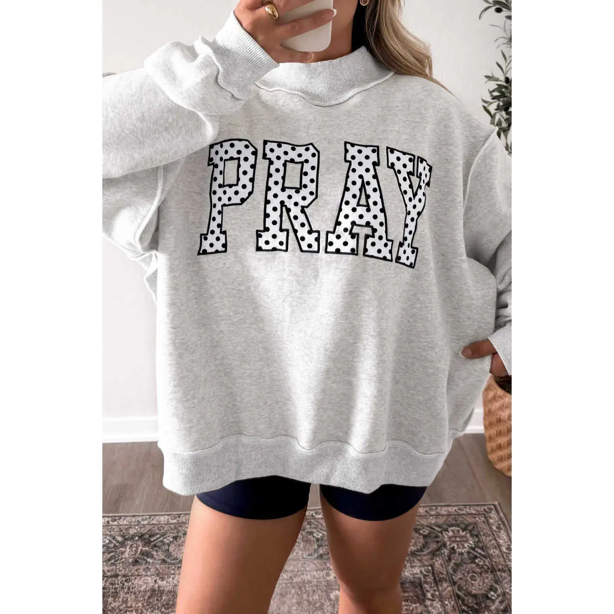 Phefee Women's Embroidered Letter Sweatshirt Mock Neck Long Sleeve Pullover Tops Casual Loose Fit Graphic Sweatshirt Fall Winter Fashion Fabric Womenswear Dot Hoodie Leggings Modest Ribbed Shorts Soft
