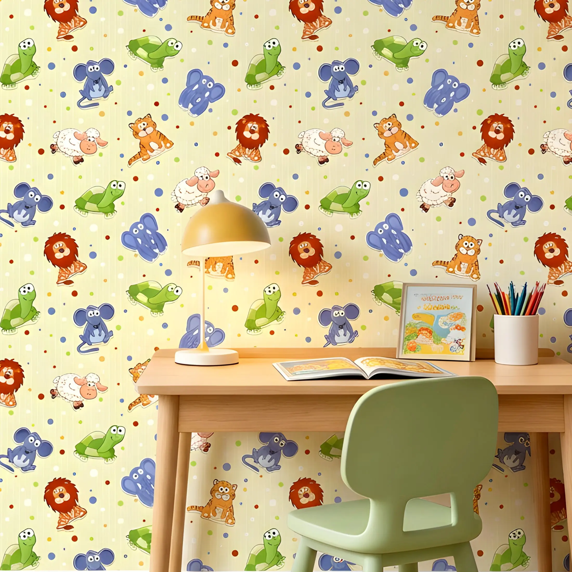 1 Roll 17.5 Inch Light Background Cartoon Jungle Animal Wallpaper, Waterproof, Easy Clean, Cuttable, Removable, Kids Room Decor