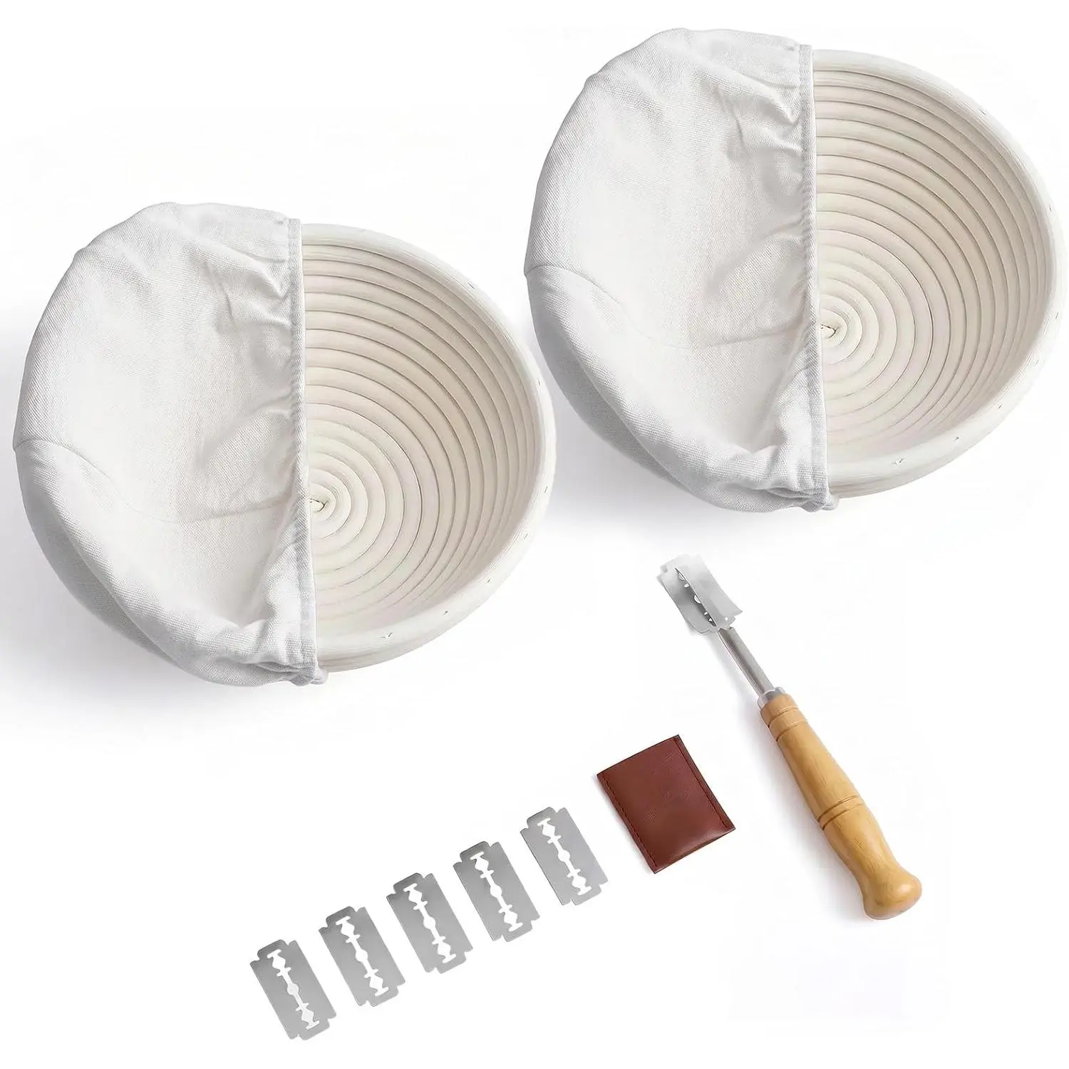 2 Pack Banneton Bread Proofing Basket Set 7.75x3.26 Inch Round Rattan with Liner, Proofing Baskets for Sourdough Bread Baking Kit Includes Lame with 5  & Leather Cover